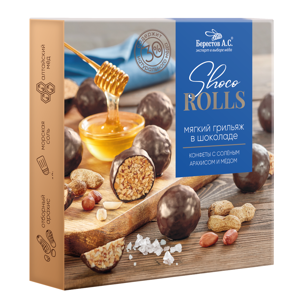  Берестов Shoco Rolls конфеты с арахисом, солью и медом, 135г   в Новороссийске